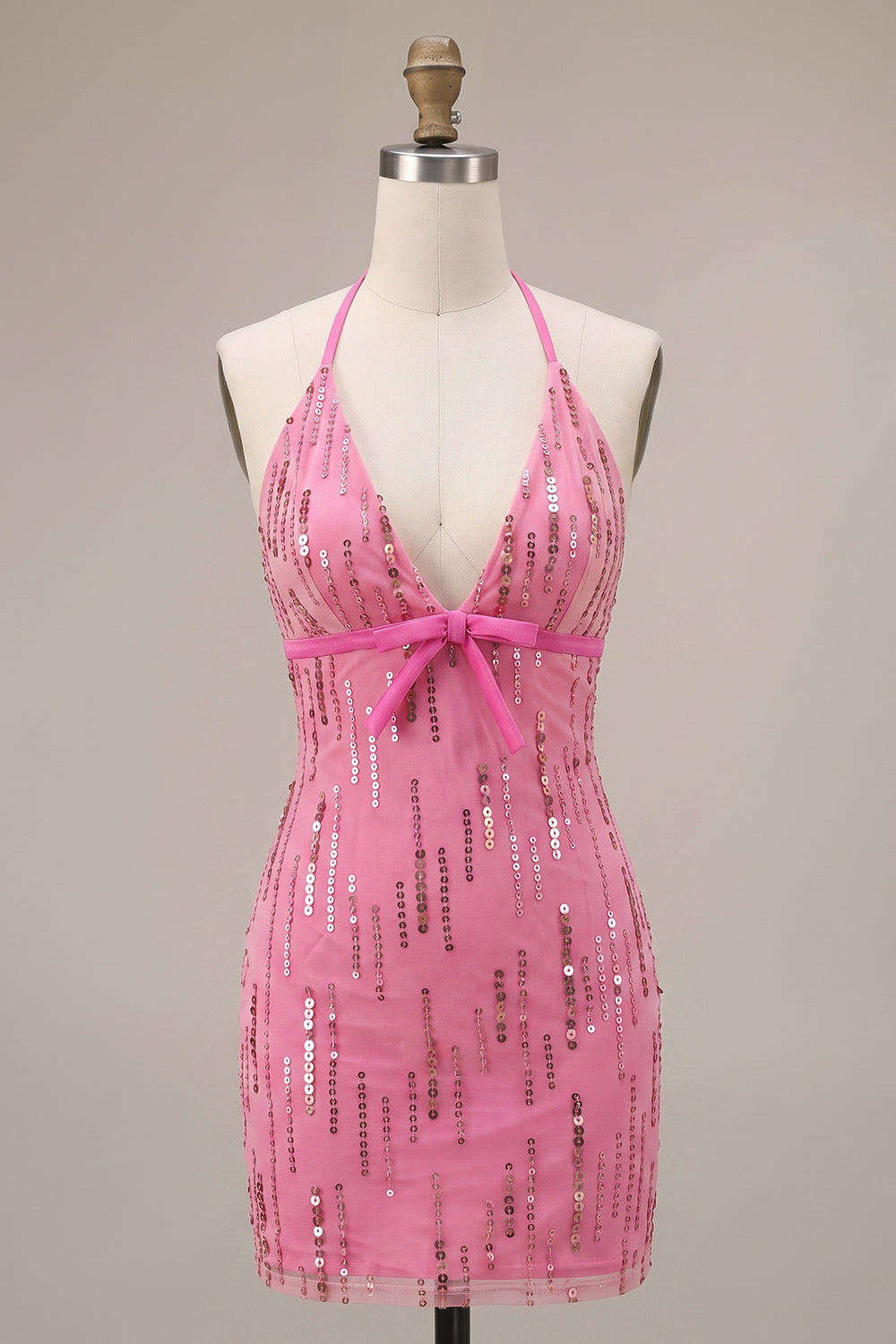 Sparkly Fuchsia Tight Halter Sequin Short Homecoming Dress with Bow