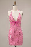 Sparkly Fuchsia Tight Halter Sequin Short Homecoming Dress with Bow