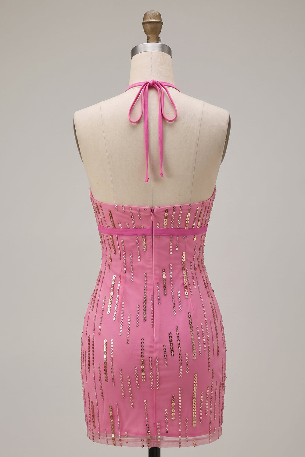 Sparkly Fuchsia Tight Halter Sequin Short Homecoming Dress with Bow
