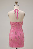 Sparkly Fuchsia Tight Halter Sequin Short Homecoming Dress with Bow