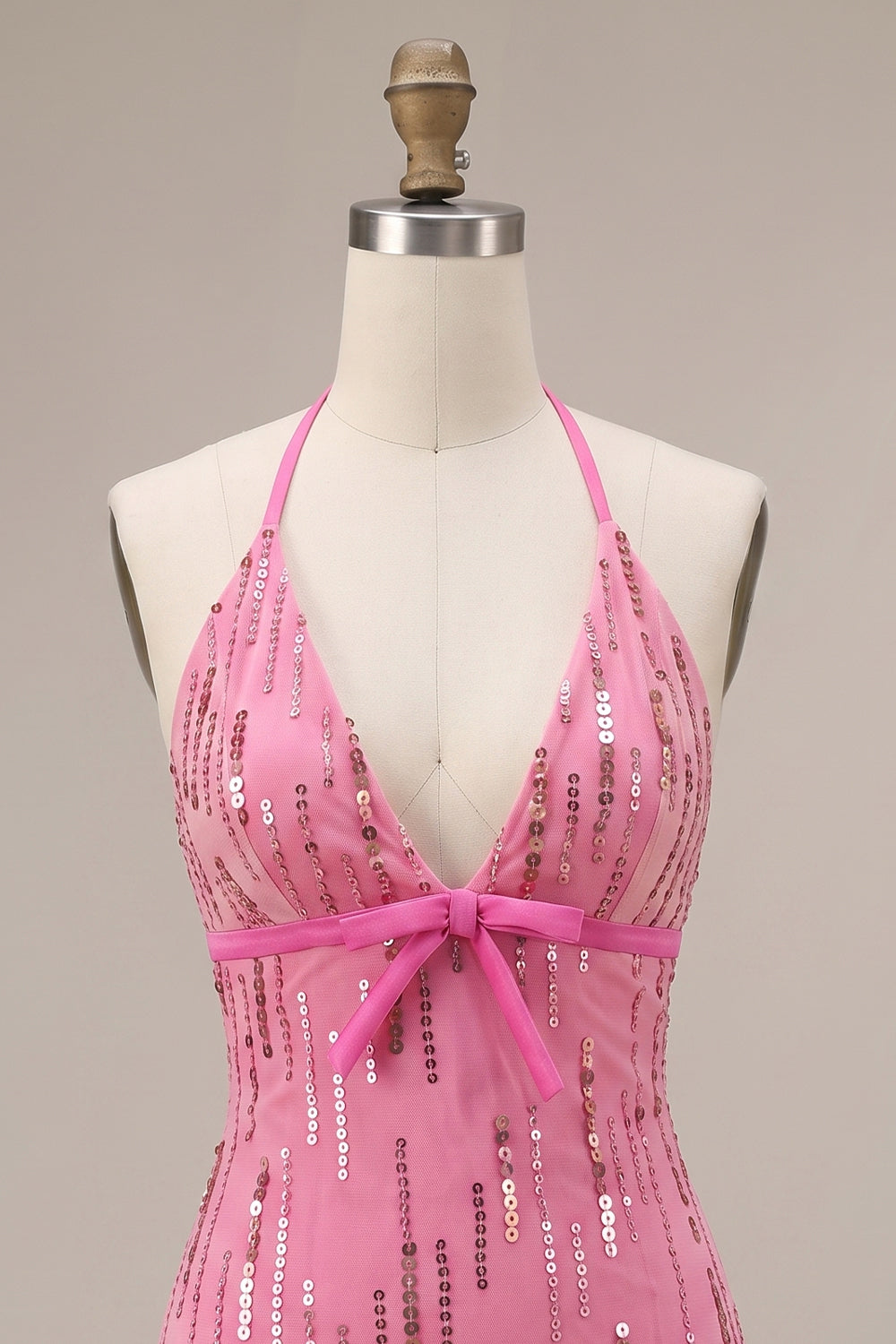 Sparkly Fuchsia Tight Halter Sequin Short Homecoming Dress with Bow