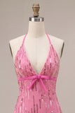 Sparkly Fuchsia Tight Halter Sequin Short Homecoming Dress with Bow