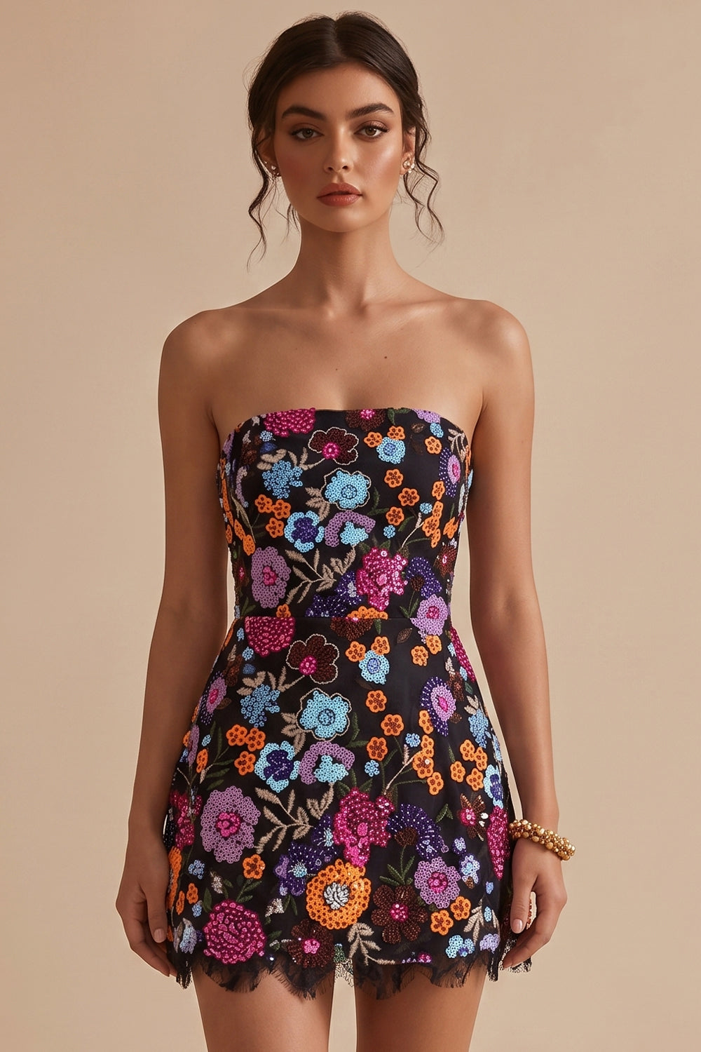 Sparkly Black A Line Floral Sequin Short Homecoming Dress with Embroidery