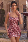 Sparkly Floral Red Tight Square Neck Sequin Short Homecoming Dress with Slit