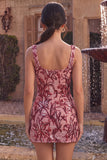 Sparkly Floral Red Tight Square Neck Sequin Short Homecoming Dress with Slit