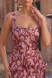Sparkly Floral Red Tight Square Neck Sequin Short Homecoming Dress with Slit