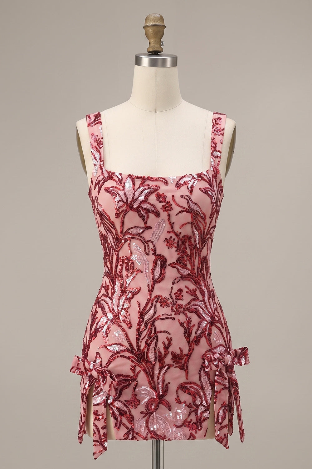 Sparkly Floral Red Tight Square Neck Sequin Short Homecoming Dress with Slit