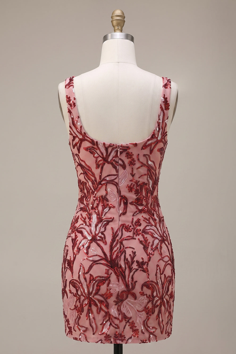Sparkly Floral Red Tight Square Neck Sequin Short Homecoming Dress with Slit