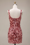 Sparkly Floral Red Tight Square Neck Sequin Short Homecoming Dress with Slit