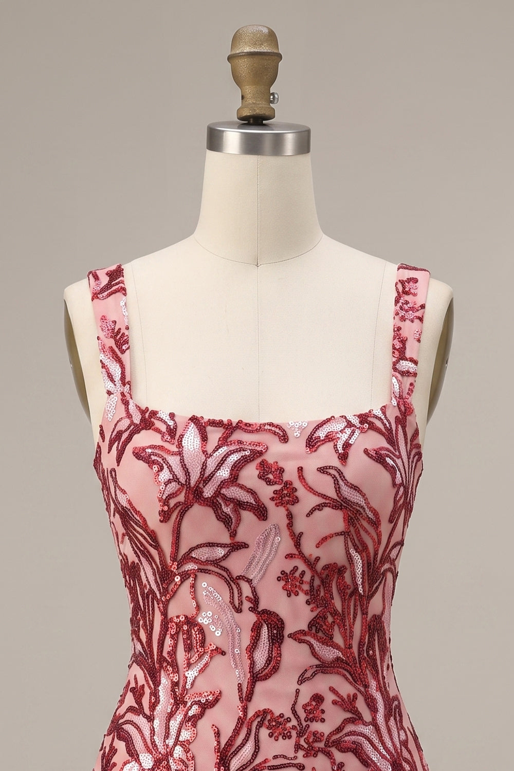 Sparkly Floral Red Tight Square Neck Sequin Short Homecoming Dress with Slit