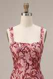 Sparkly Floral Red Tight Square Neck Sequin Short Homecoming Dress with Slit