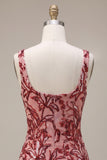 Sparkly Floral Red Tight Square Neck Sequin Short Homecoming Dress with Slit
