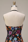 Sparkly Sequin Black Halter Tight Floral Short Homecoming Dress