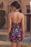 Sparkly Sequin Black Halter Tight Floral Short Homecoming Dress