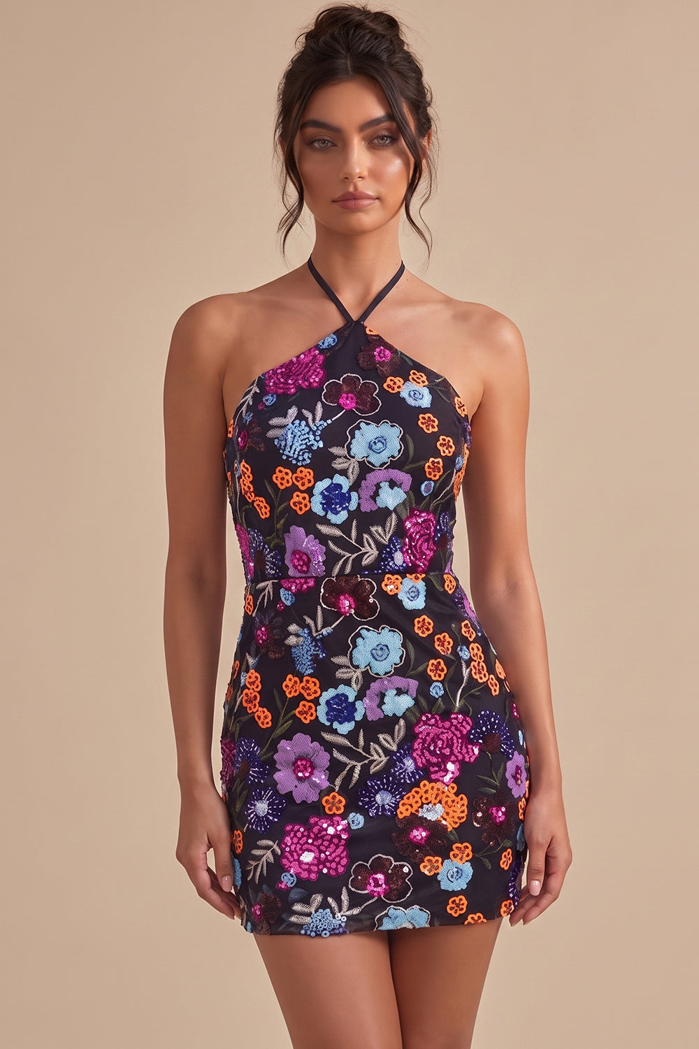 Sparkly Sequin Black Halter Tight Floral Short Homecoming Dress
