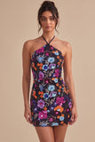 Sparkly Sequin Black Halter Tight Floral Short Homecoming Dress