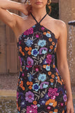 Sparkly Sequin Black Halter Tight Floral Short Homecoming Dress