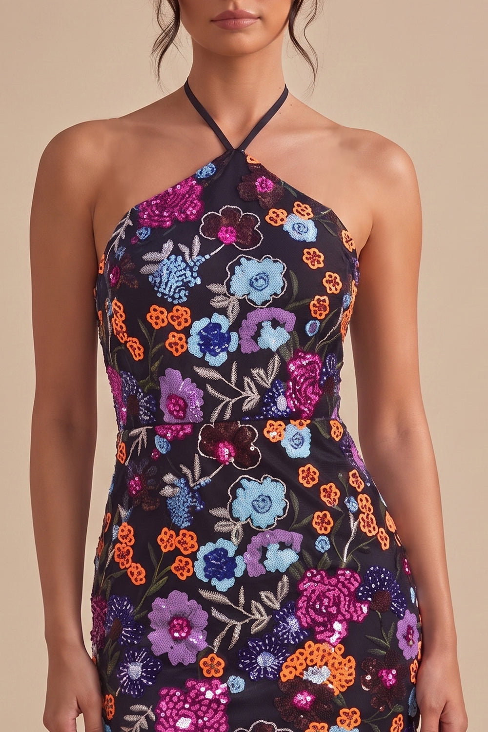 Sparkly Sequin Black Halter Tight Floral Short Homecoming Dress