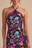 Sparkly Sequin Black Halter Tight Floral Short Homecoming Dress