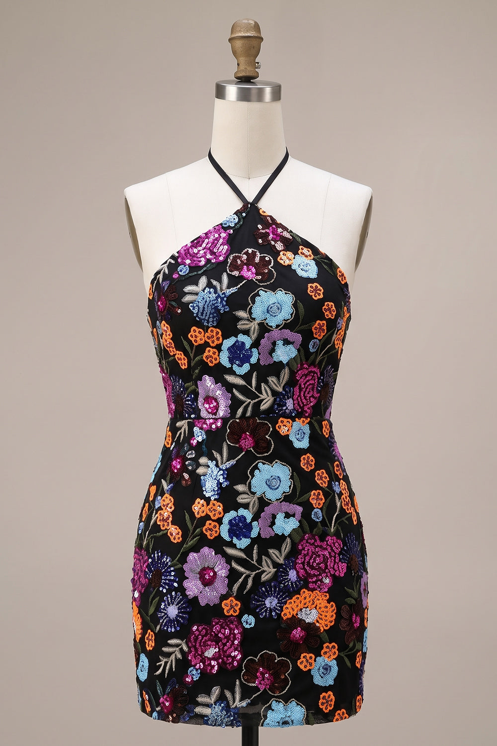 Sparkly Sequin Black Halter Tight Floral Short Homecoming Dress