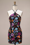 Sparkly Sequin Black Halter Tight Floral Short Homecoming Dress