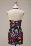 Sparkly Sequin Black Halter Tight Floral Short Homecoming Dress