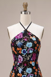 Sparkly Sequin Black Halter Tight Floral Short Homecoming Dress