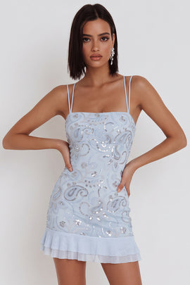 Sparkly Sky Blue Tight Floral Sequin Ruffled Short Homecoming Dress