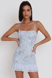Sparkly Sky Blue Tight Floral Sequin Ruffled Short Homecoming Dress