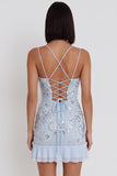 Sparkly Sky Blue Tight Floral Sequin Ruffled Short Homecoming Dress