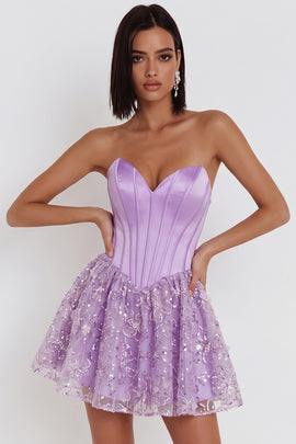 Sparkly Lilac Satin Corset Sweetheart Floral Sequin Short Homecoming Dress