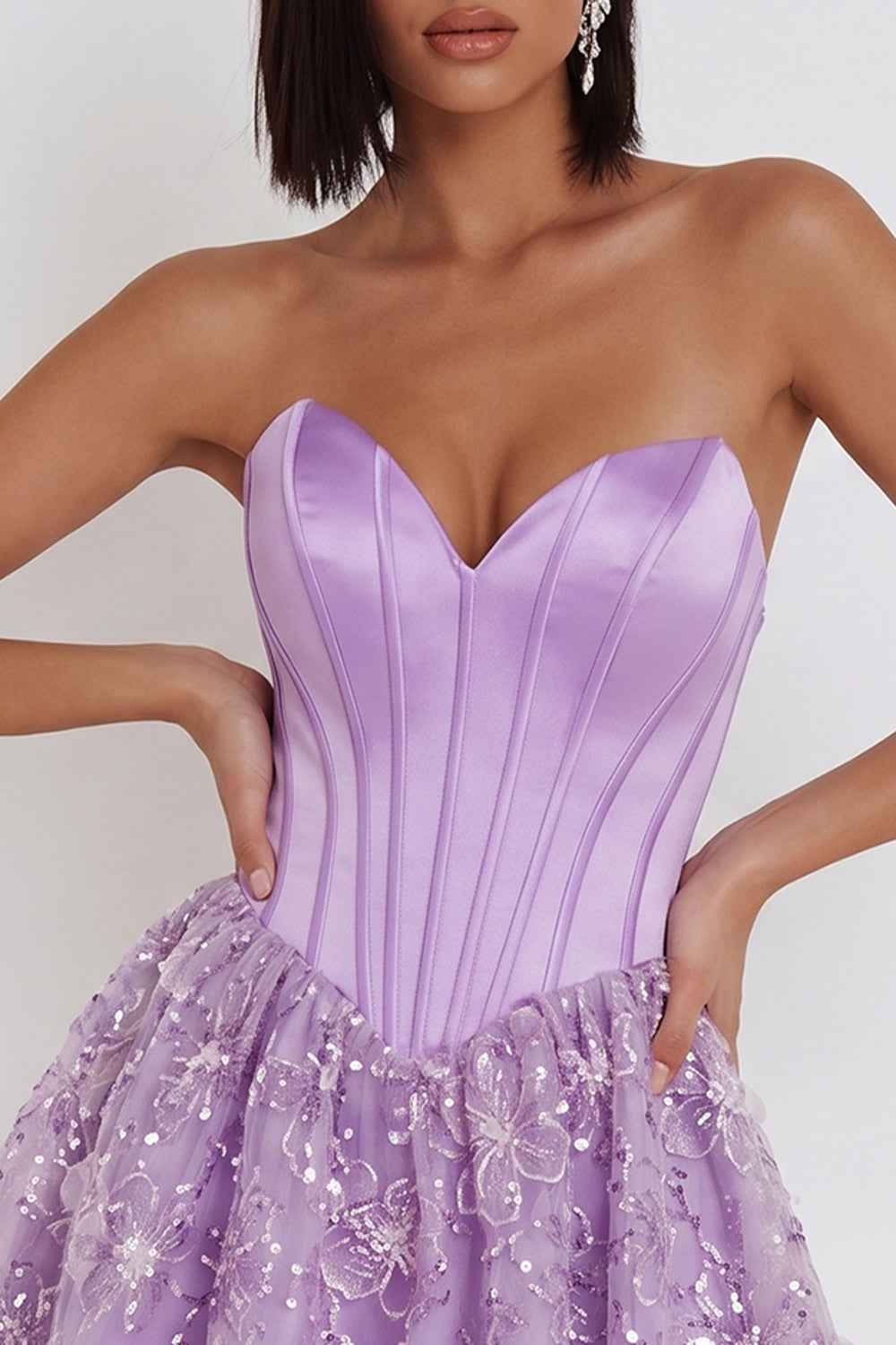 Sparkly Lilac Satin Corset Sweetheart Floral Sequin Short Homecoming Dress