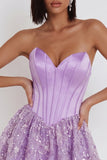 Sparkly Lilac Satin Corset Sweetheart Floral Sequin Short Homecoming Dress