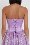 Sparkly Lilac Satin Corset Sweetheart Floral Sequin Short Homecoming Dress
