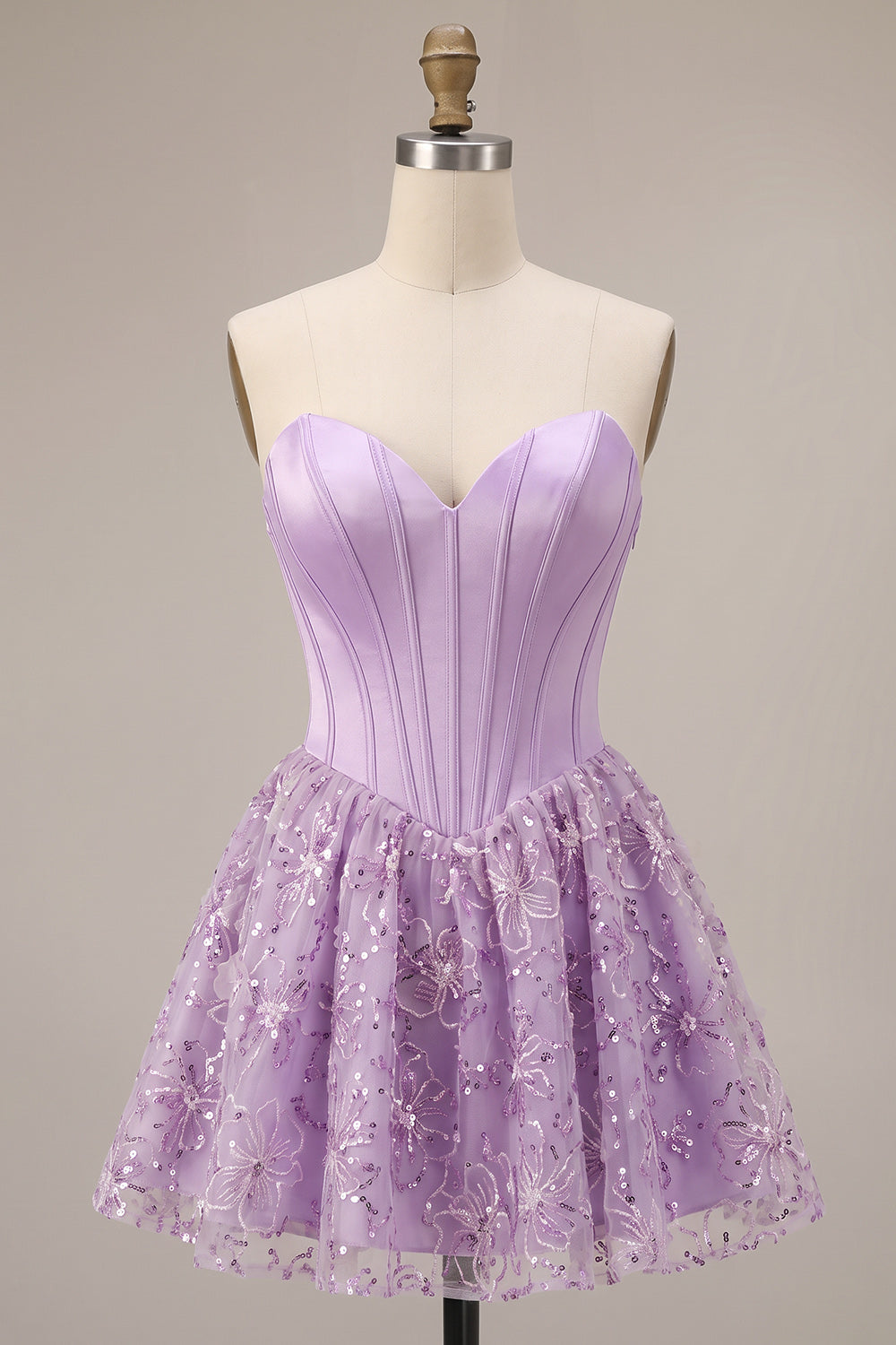 Sparkly Lilac Satin Corset Sweetheart Floral Sequin Short Homecoming Dress