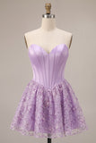 Sparkly Lilac Satin Corset Sweetheart Floral Sequin Short Homecoming Dress