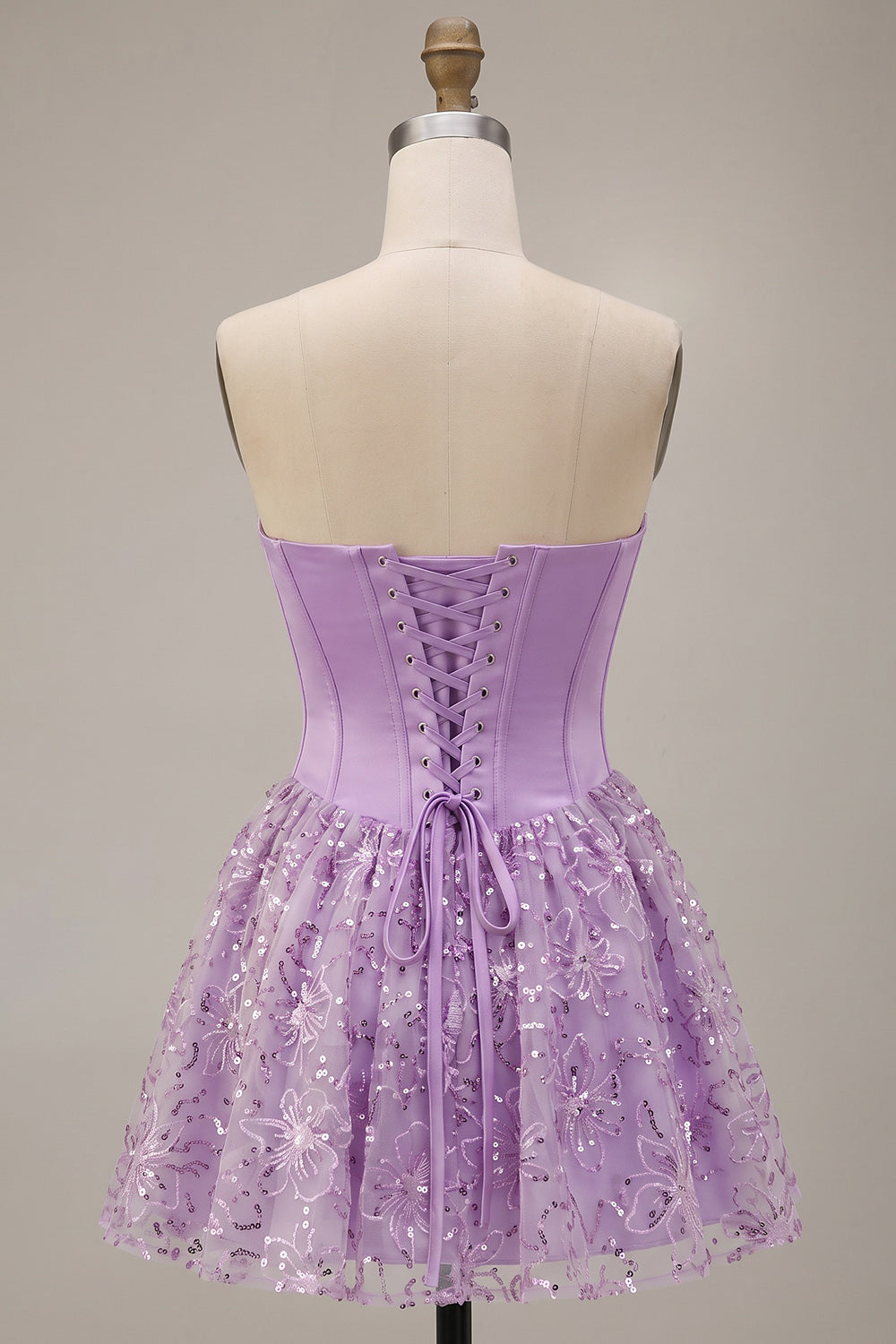Sparkly Lilac Satin Corset Sweetheart Floral Sequin Short Homecoming Dress