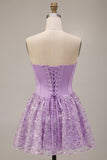 Sparkly Lilac Satin Corset Sweetheart Floral Sequin Short Homecoming Dress