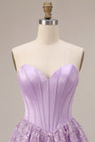 Sparkly Lilac Satin Corset Sweetheart Floral Sequin Short Homecoming Dress