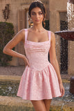 Pink A Line Ruched Jacquard Thick Straps Short Homecoming Dress