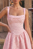 Pink A Line Ruched Jacquard Thick Straps Short Homecoming Dress