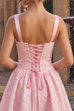Pink A Line Ruched Jacquard Thick Straps Short Homecoming Dress