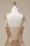 Sparkly Gold Tight Sequin Mirror Short Homecoming Dress with Slit