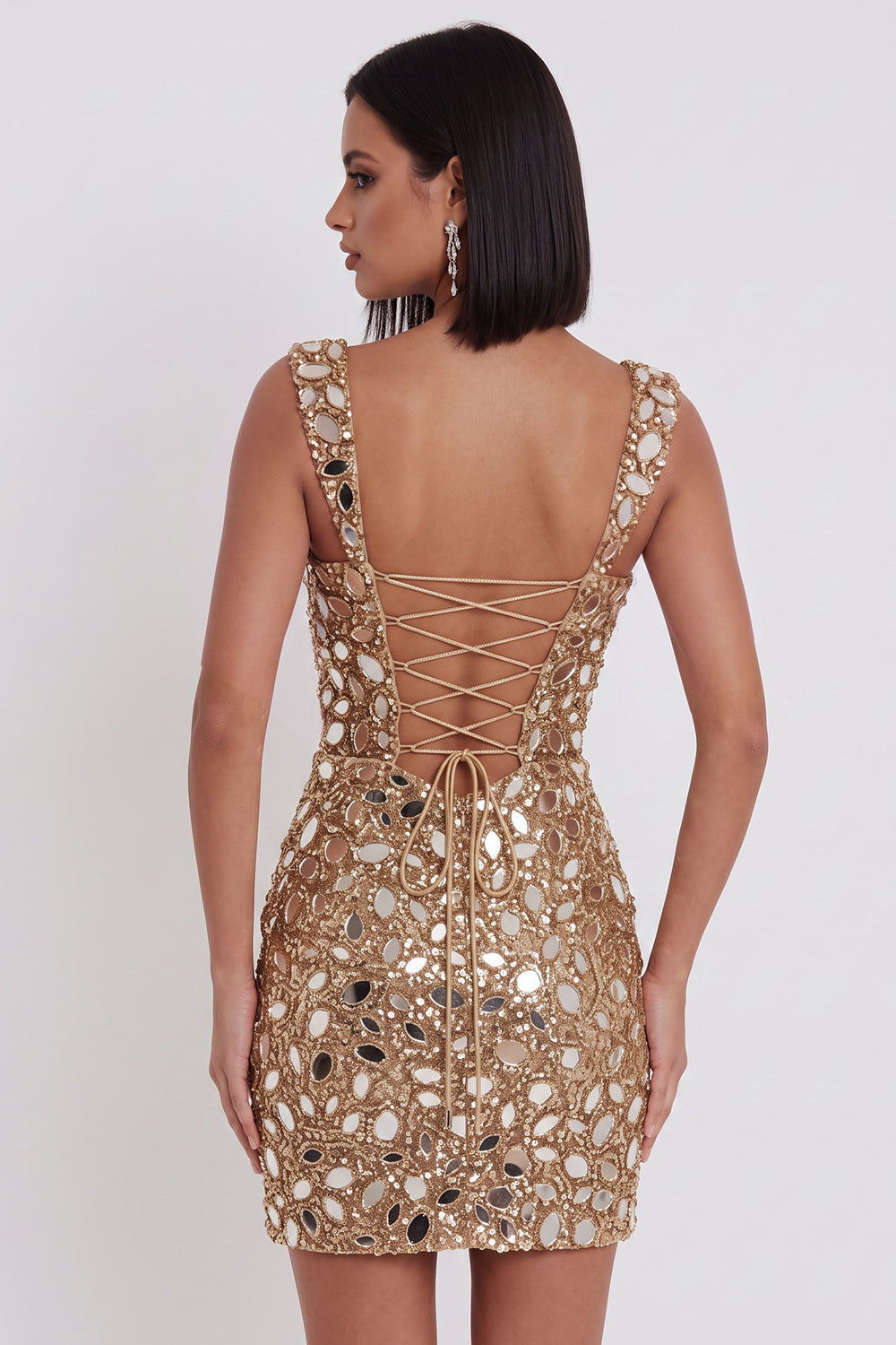 Sparkly Gold Tight Sequin Mirror Short Homecoming Dress with Slit