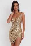 Sparkly Gold Tight Sequin Mirror Short Homecoming Dress with Slit