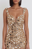 Sparkly Gold Tight Sequin Mirror Short Homecoming Dress with Slit