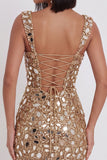 Sparkly Gold Tight Sequin Mirror Short Homecoming Dress with Slit