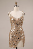 Sparkly Gold Tight Sequin Mirror Short Homecoming Dress with Slit