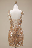 Sparkly Gold Tight Sequin Mirror Short Homecoming Dress with Slit