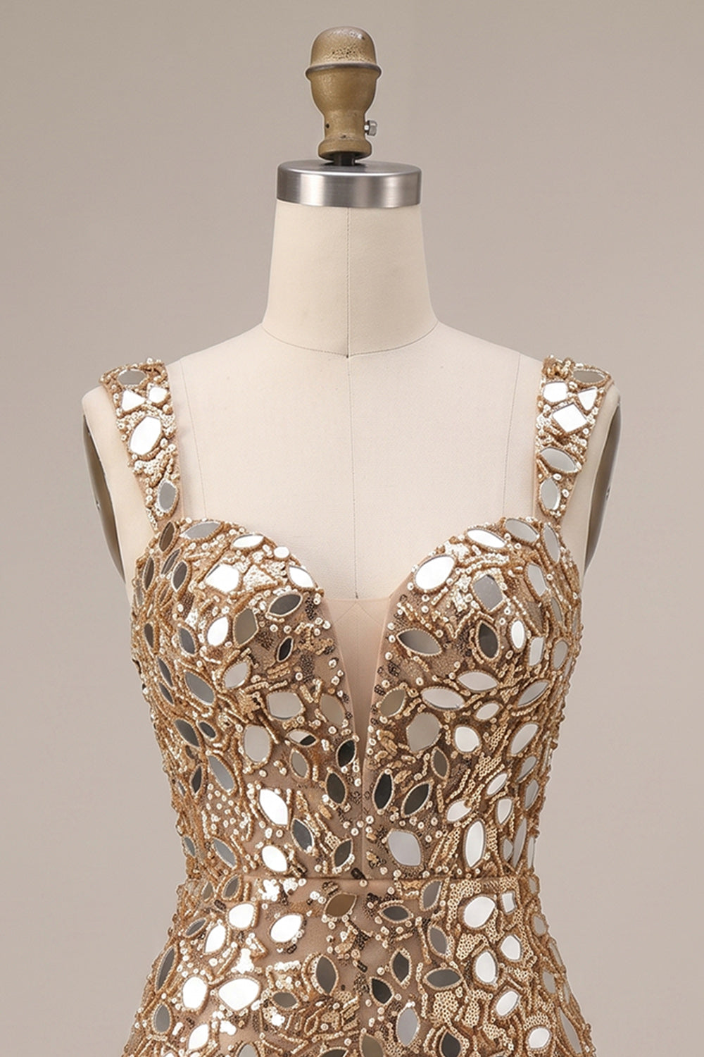 Sparkly Gold Tight Sequin Mirror Short Homecoming Dress with Slit